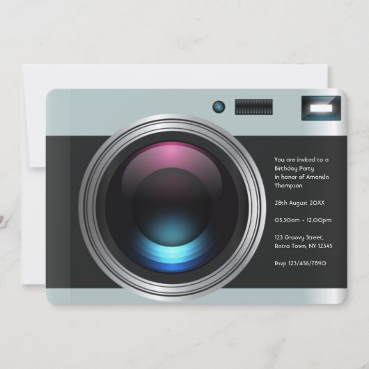 レトロカメラの誕生日パーティーの写真 招待状 (正面)