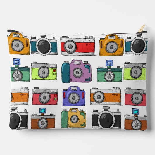 レトロカメラカラフルパタ図解入りの、写真付きのーン アクセサリーポーチ (裏面)