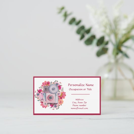 レトロカメラピンクフローラ写真撮影者 名刺 (スタンド正面)