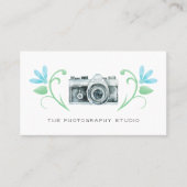 レトロカメラブルー花写真撮影 名刺 (正面)