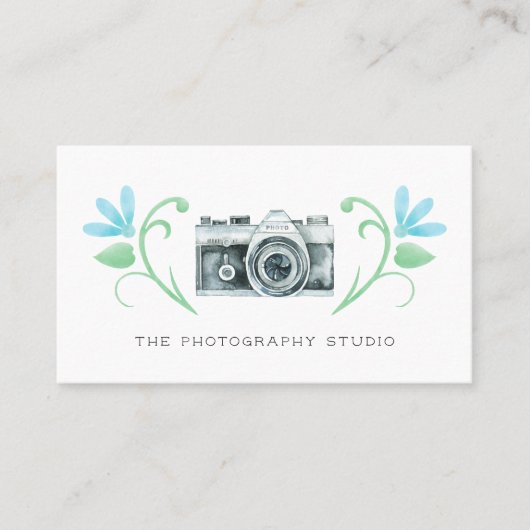 レトロカメラブルー花写真撮影 名刺 (正面)