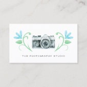 レトロカメラブルー花写真撮影 名刺 (正面)