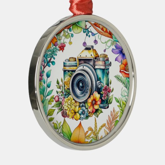 レトロカメラヴィンテージ花クリスマス メタルオーナメント (右)