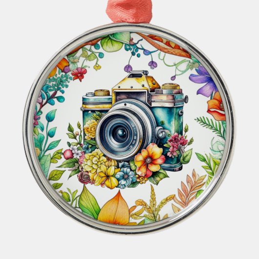 レトロカメラヴィンテージ花クリスマス メタルオーナメント (正面)