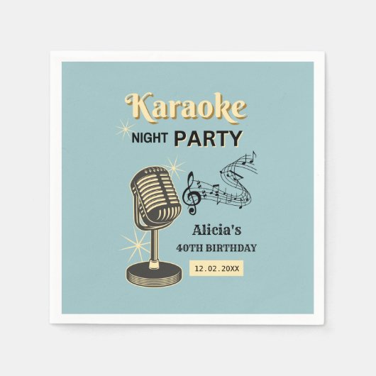 レトロカラオケナイトパーティーティール（緑がかった色）&クリーム誕生日 スタンダードカクテルナプキン (正面)