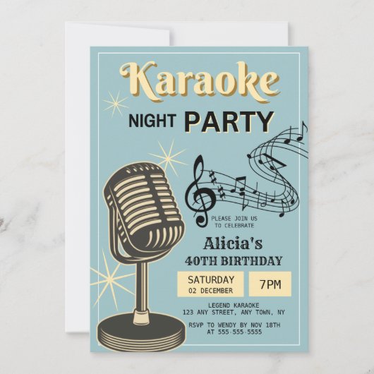 レトロカラオケナイトパーティーティール(緑がかった色)&クリーム誕生日 招待状 (正面)