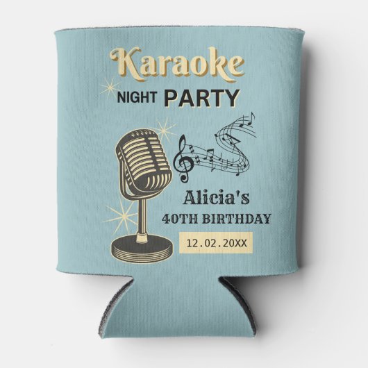 レトロカラオケナイトパーティーティール（緑がかった色）&クリーム誕生日 缶クーラー (正面)