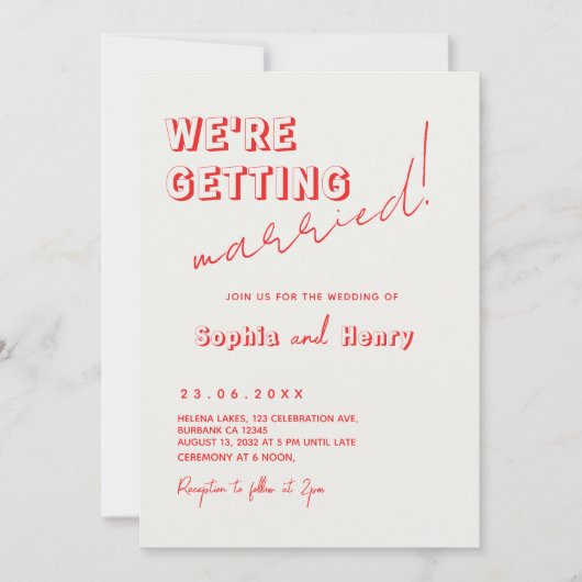 レトロカラフルおもしろい波形結婚手書き 招待状 (正面)