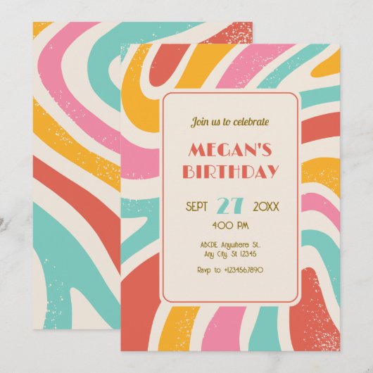レトロカラフルな抽象的なシームレスパターンの誕生日 招待状 (正面/裏面)