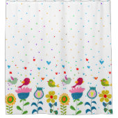 レトロカラフルな花とかわいい鳥 シャワーカーテン (正面)