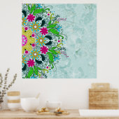 レトロカラフルな花と渦巻き。 ポスター (キッチン)