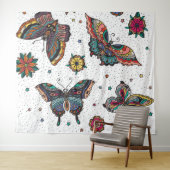 レトロカラフルな蝶と花 タペストリー (インサイチュ(横))
