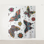 レトロカラフルな蝶と花 タペストリー (正面)