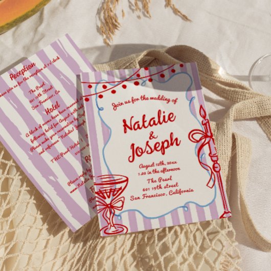 レトロカラフルの手が一つのおもしろいに描かれ結婚た 招待状