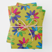 レトロカラフルの花と幸せな顔パターン ラッピングペーパーシート (インサイチュ)