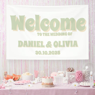 レトロカラフルのGroovy波形ボ結婚ホの座席図 横断幕