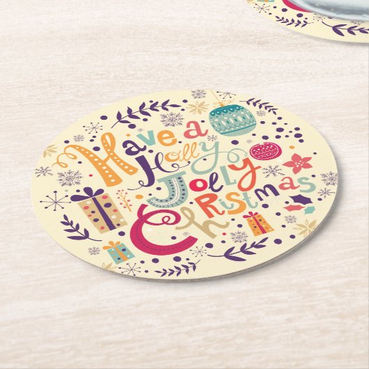 レトロカラフルはクリスマスが短いすてき ラウンドペーパーコースター (アングル)