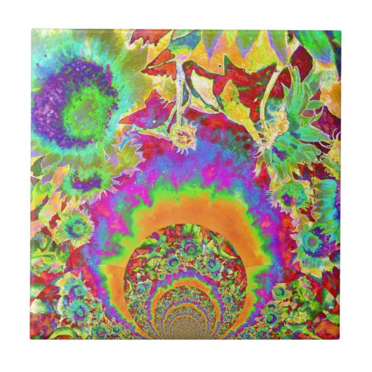 レトロカラフルひまわり曼荼羅 タイル (正面)