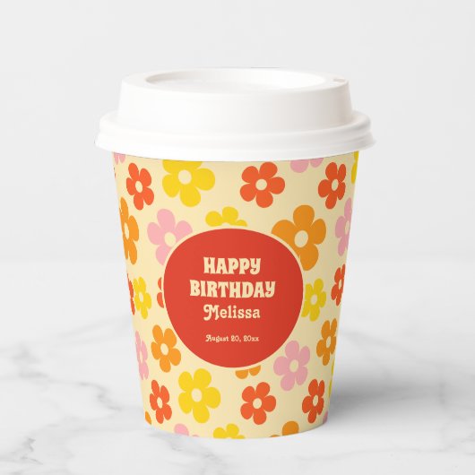 レトロカラフルオレンジボホフラワー50誕生日 紙コップ (正面)