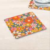 レトロカラフルガーデン60s 70s花柄 スクエアペーパーコースター (アングル)