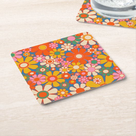レトロカラフルガーデン60s 70s花柄 スクエアペーパーコースター (アングル)