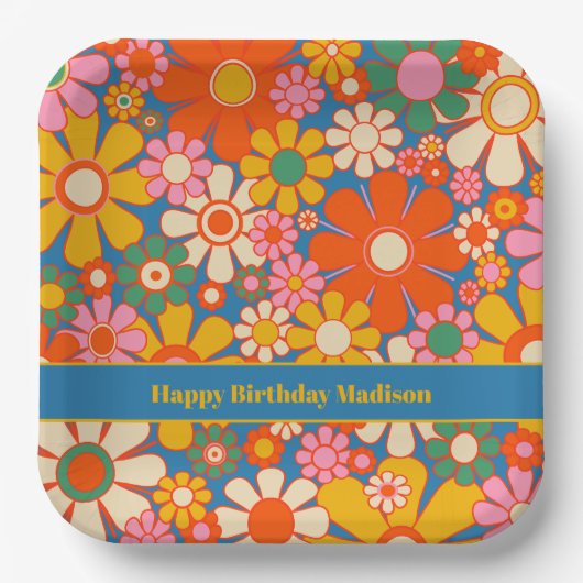 レトロカラフルガーデン60s 70s花柄 ペーパープレート (正面)