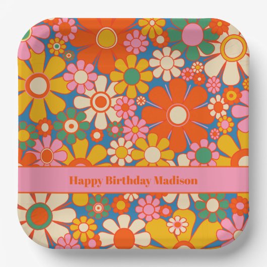 レトロカラフルガーデン60s 70s花柄 ペーパープレート (正面)