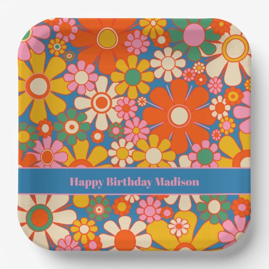 レトロカラフルガーデン60s 70s花柄 ペーパープレート (正面)