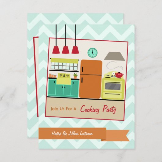 レトロカラフルキッチン料理パーティー招待状 招待状 (正面/裏面)