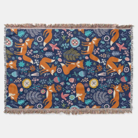 レトロカラフルキツネと花柄 スローブランケット (正面)