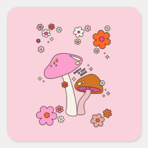 レトロカラフルキノコと花ピンク スクエアシール
