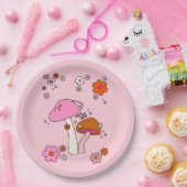 レトロカラフルキノコと花ピンク ペーパープレート (パーティー)