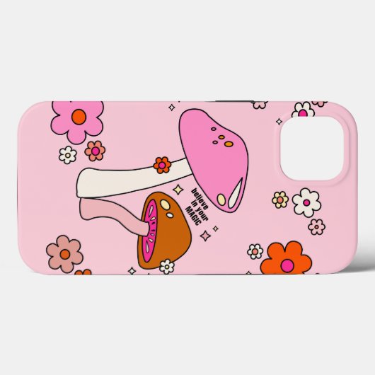 レトロカラフルキノコと花ピンク Case-Mate iPhoneケース (裏面 (横))