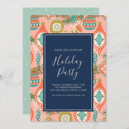レトロカラフルクリスマスオーナメントホリデーパーティー 招待状 (正面/裏面)