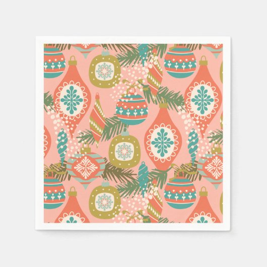レトロカラフルクリスマスオーナメント スタンダードカクテルナプキン (正面)