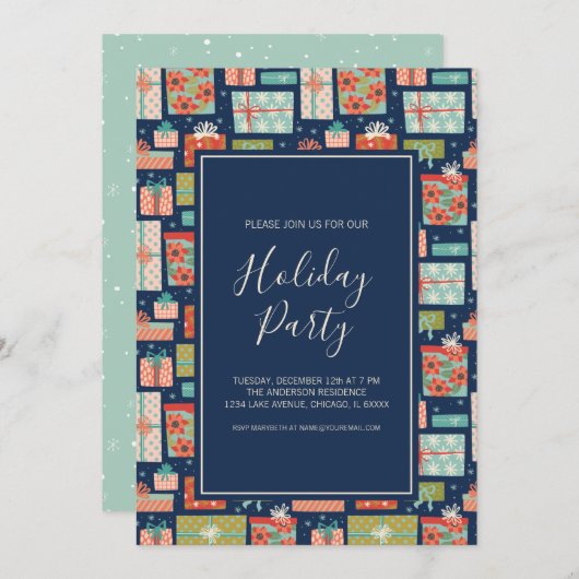 レトロカラフルクリスマスギフトボックスホリデーパーティー 招待状 (正面/裏面)