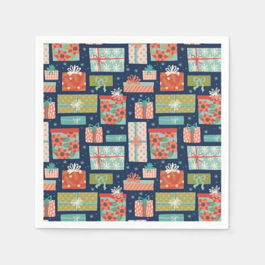 レトロカラフルクリスマスギフトボックスホリデー スタンダードカクテルナプキン (正面)