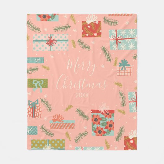 レトロカラフルクリスマスギフトボックスホリデー フリースブランケット (正面)