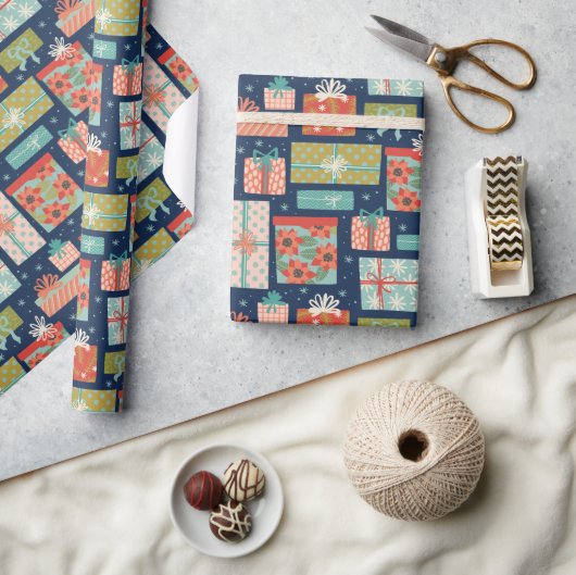 レトロカラフルクリスマスギフトボックスホリデー ラッピングペーパー (クラフト)