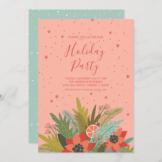 レトロカラフルクリスマスフローラホリデーパーティー 招待状 (正面/裏面)