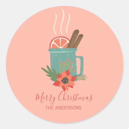 レトロカラフルクリスマスホリデーサイダー ラウンドシール (正面)