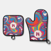 レトロカラフルグルーヴィアートモノグラムカスタム 鍋つかみ&鍋敷きセット (正面)