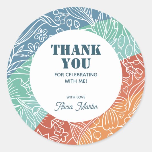 レトロカラフルグルーヴィレインボーフローラありがとう ラウンドシール (正面)