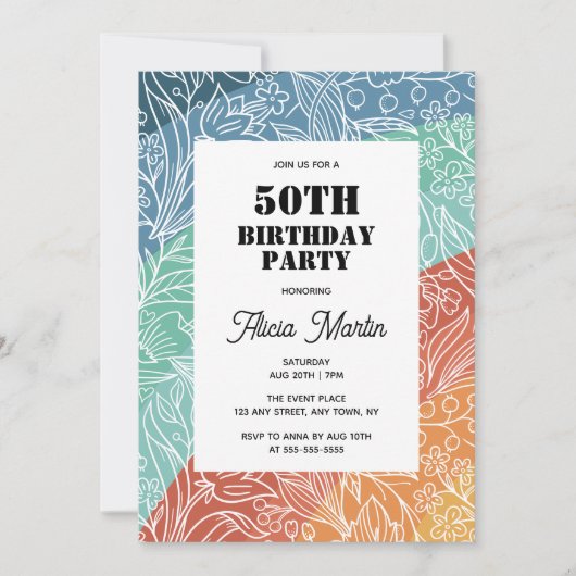 レトロカラフルグルーヴィレインボーフローラ50th誕生日 招待状 (正面)