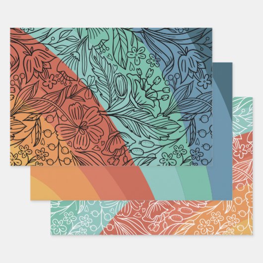 レトロカラフルグルーヴィレインボーフローラ ラッピングペーパーシート (セット)