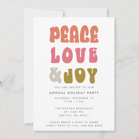 レトロカラフルグルーヴィーピースラブジョイホリデイ 招待状 (正面)
