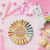 レトロカラフルサングルーヴィー波ハッピーバースデー ペーパープレート (パーティー)