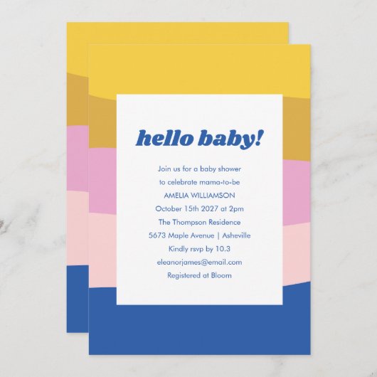 レトロカラフルシェイプユニークブルーベビーシャワー 招待状 (正面/裏面)