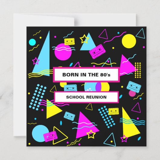 レトロカラフルシェイプ生まれ80の学校懇親会 マグネット招待状 (正面)