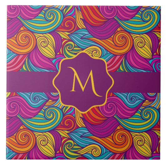 レトロカラフルジュエル渦巻形の音波模様 タイル (正面)